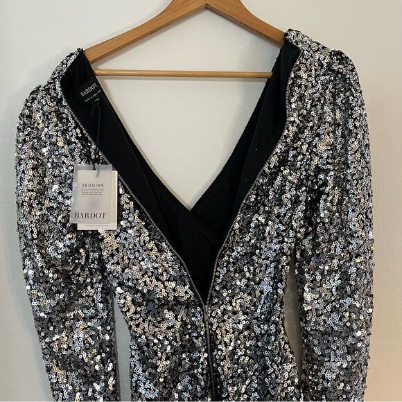 Bardot Sequin Long Sleeve Mini Dress Wrap Front Silver Size 6 NWT - Picture 9 of 9